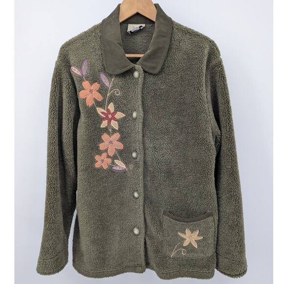 Teddi Jackets & Blazers - Vintage Green Floral Faux Fleece Teddi Button Close Flower Coat Jacket Size L